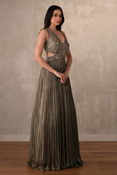 Moss Mirror Embroidered Pleated Gown