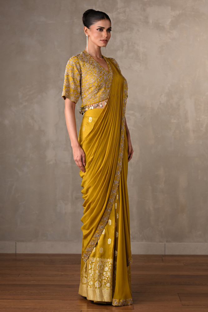 Yellow Embellished Crepe Drape Saree Set