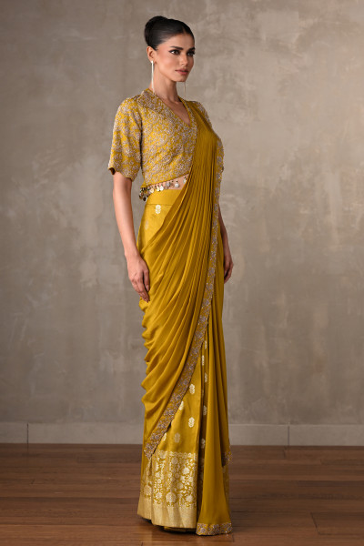 Yellow Embellished Crepe Drape Saree Set