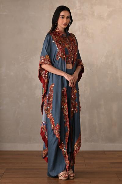 Blue Embroidered Kaftan Shirt & Drape Pant Co-Ord Set