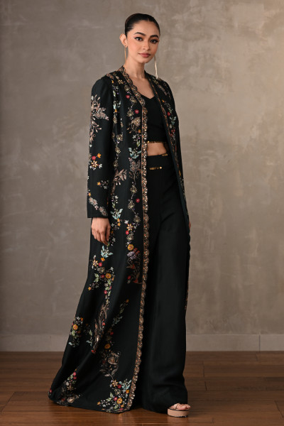 Midnight Garden Embroidered Silk Cape Set