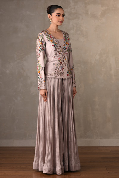 Mauve Bloom Embellished Jacket With Pleated Pants