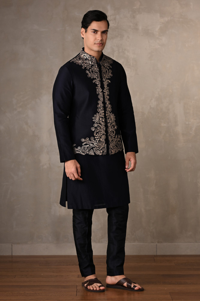Navy Blue Chanderi Embroidered Bundi Jacket With Kurta Set
