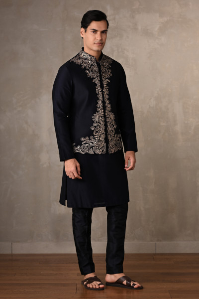 Navy Blue Chanderi Embroidered Bundi Jacket With Kurta Set