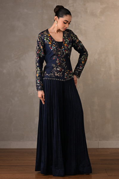 Blue Bloom Embellished Jacket With Pleated Pants