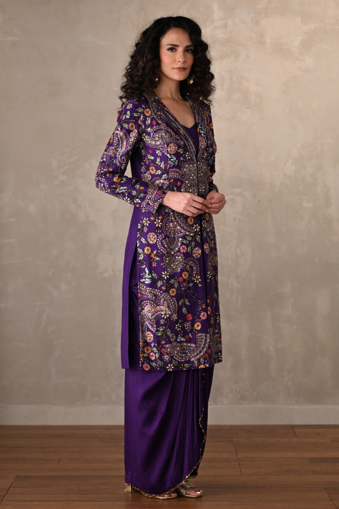 Royal Purple Silk Draped Skirt Set With Embroidered Long Jacket