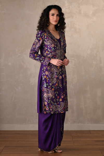 Royal Purple Silk Draped Skirt Set With Embroidered Long Jacket