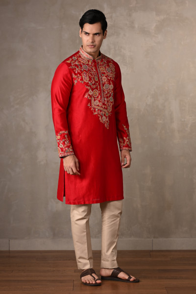 Red Chanderi Embroidered Kurta