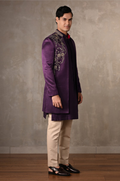 Royal Amethyst Chanderi Silk Open Sherwani Jacket Set