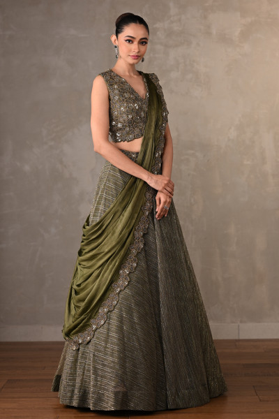 Olive Luxe Sequined Lehenga Set With Attached Dupatta