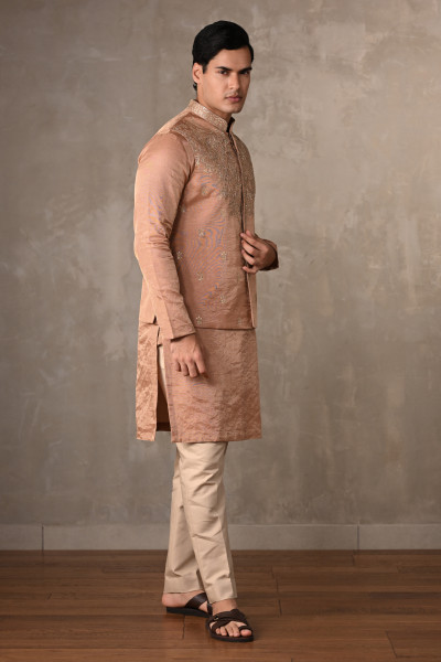 Light Gold Tissue Bundi Jacket With Kurta Set