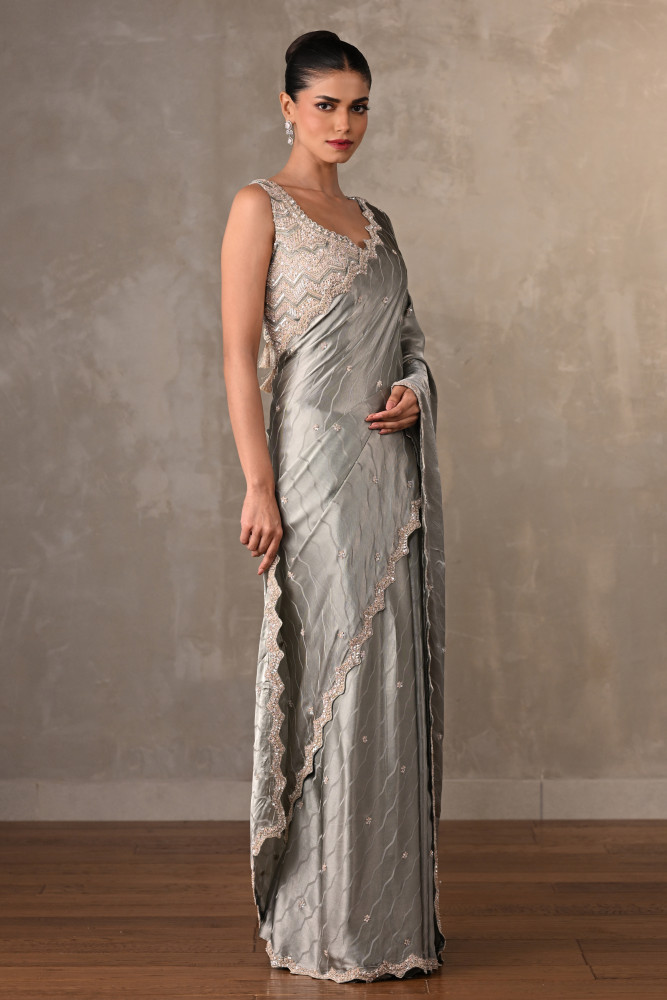 Moonlit Mist Satin Embellished Saree Set