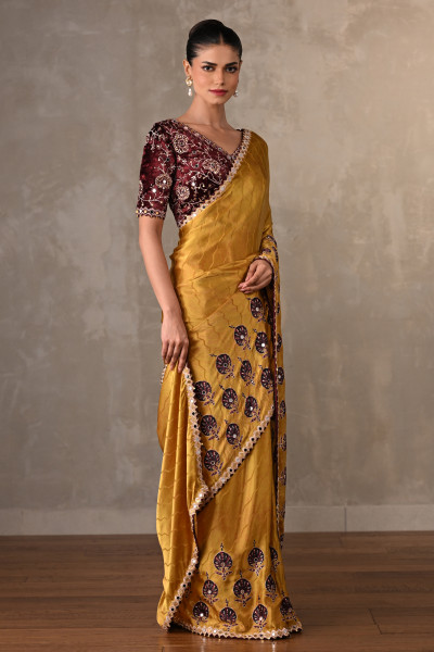 Mustard Satin Mirror Work Saree Set
