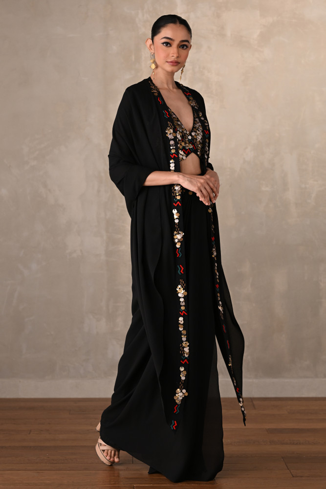 Black Georgette Drape Skirt Set With Embroidered Bralette And Cape