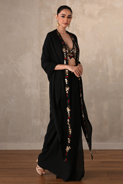 Black Georgette Drape Skirt Set With Embroidered Bralette And Cape