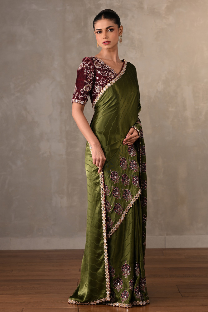 Mehndi Green Satin Mirror Work Saree Set