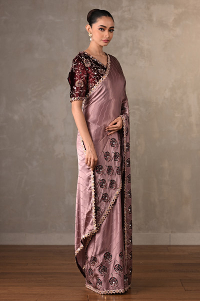 Mauve Satin Mirror Work Saree Set