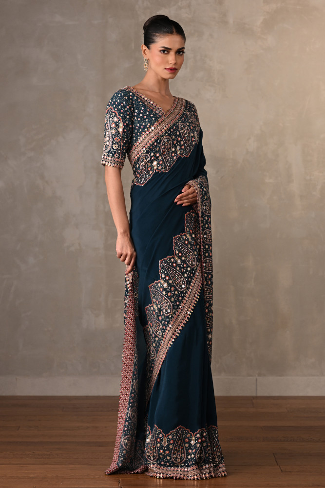 Navy Mirror Work Saree Set