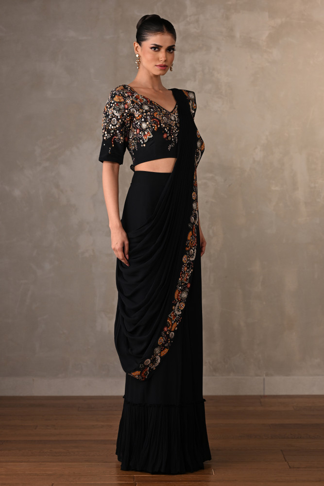 Black Embellished Pre-Stitched Saree Set
