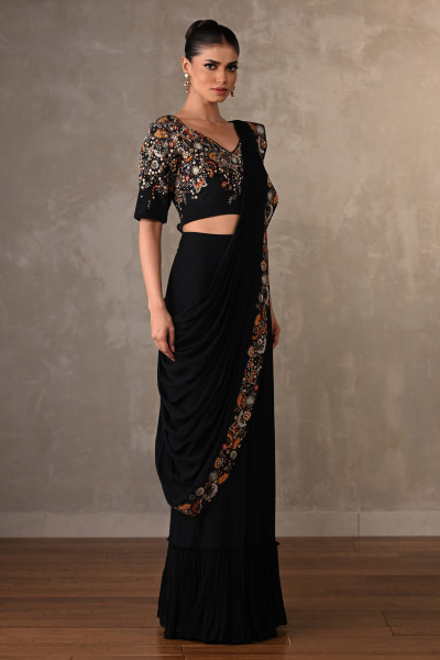 Black Embellished Pre-Stitched Saree Set
