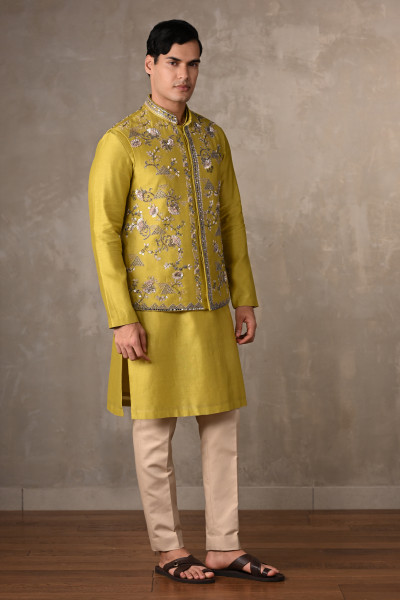 Lime Green Chanderi Bundi Jacket with Kurta Set