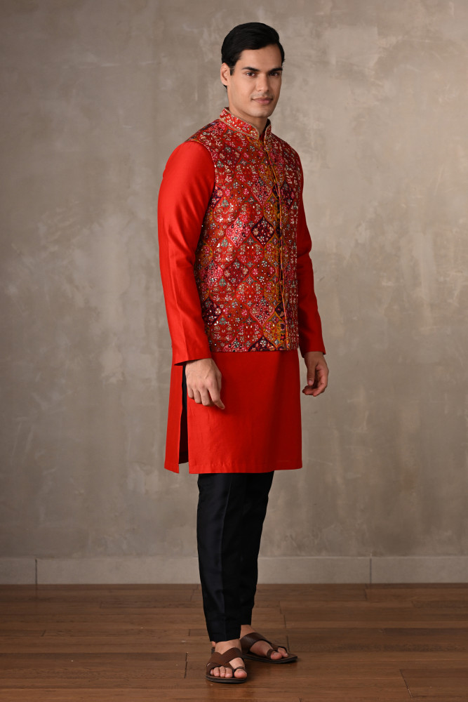 Ruby Red Chanderi Bundi Jacket with Kurta Set