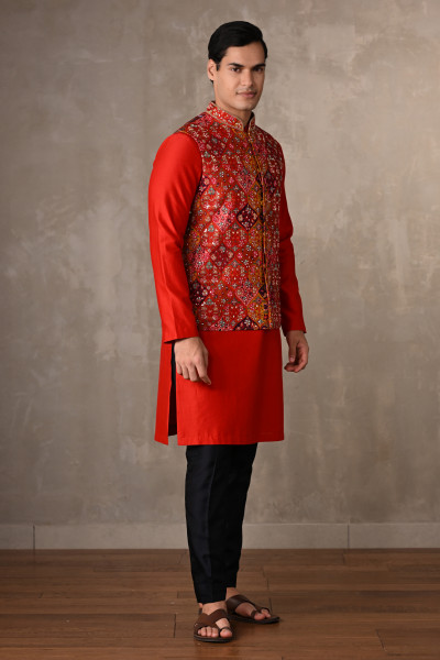 Ruby Red Chanderi Bundi Jacket with Kurta Set