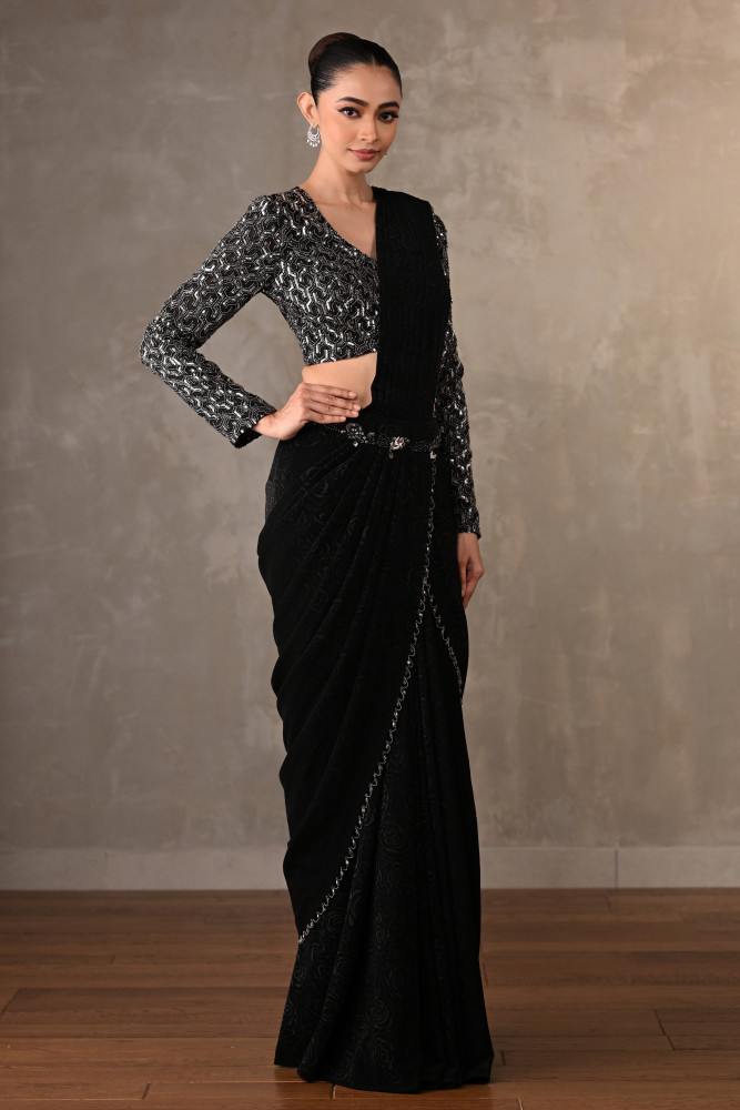 Starlit Black Sequin Drape Saree Set