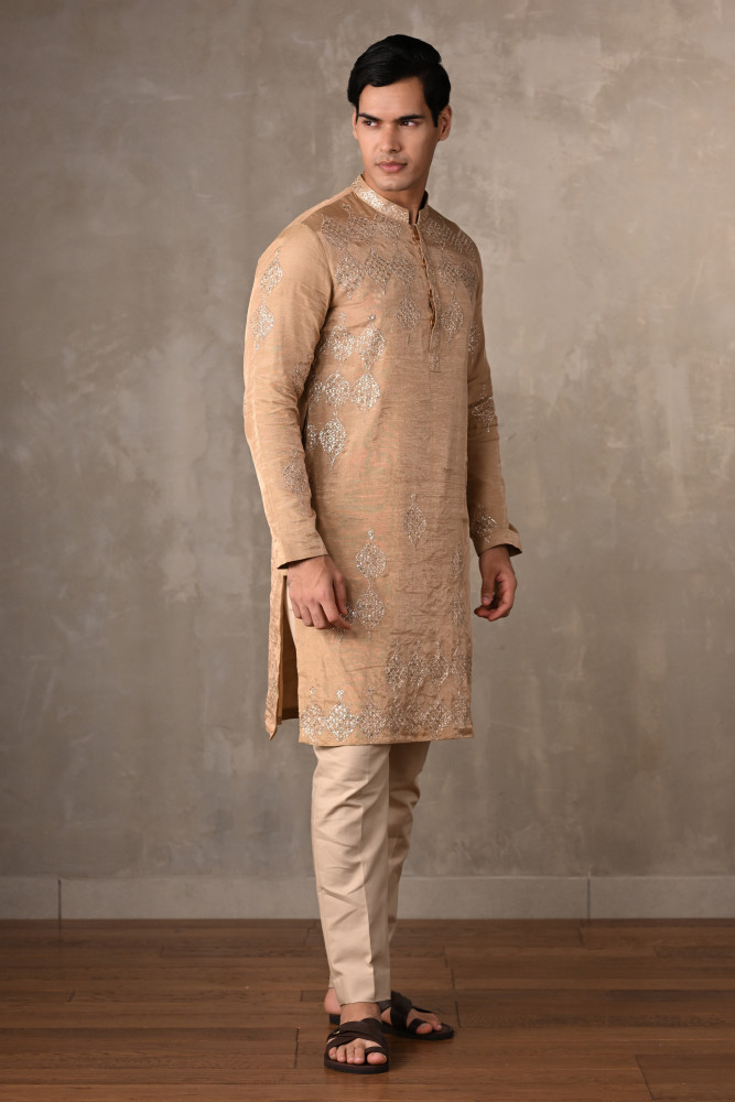 Beige Tissue Embroidered Kurta