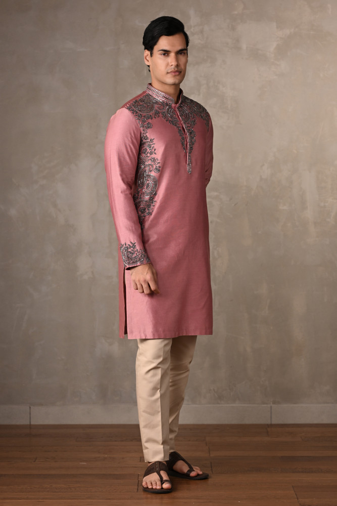 Pink Chanderi Embroidered Kurta