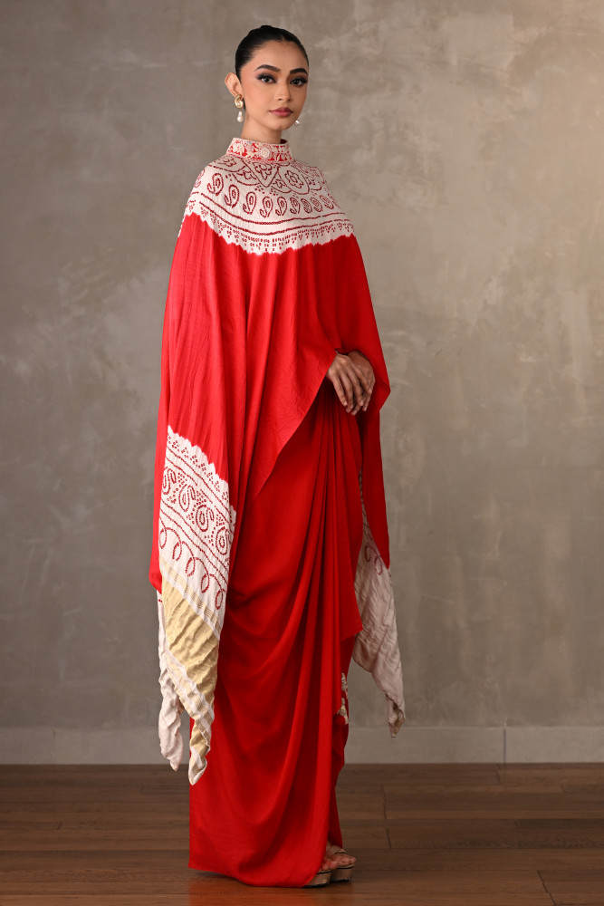 Empress Red Bandhej Silk Cape Co-Ord Set