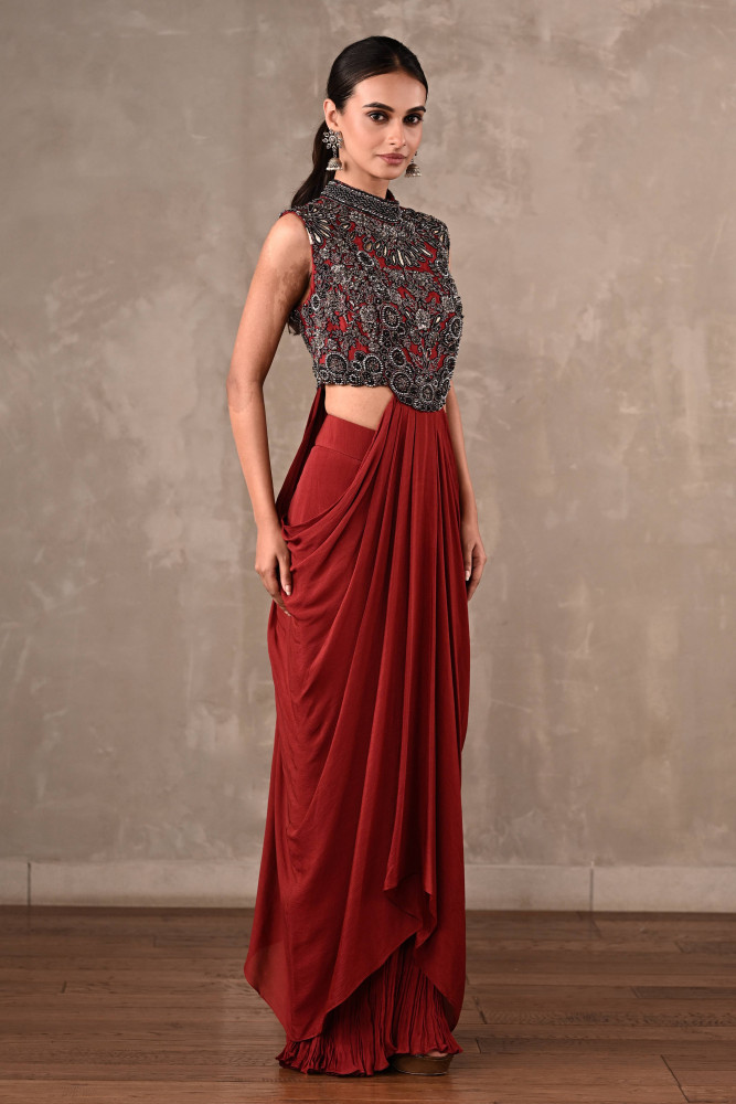 Maroon Drape Gown Set