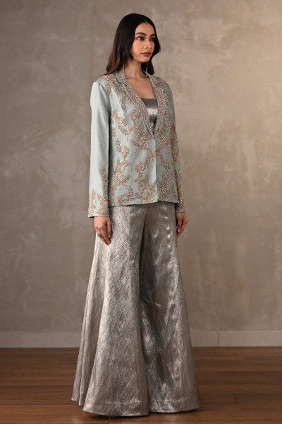 Dusky Blue Brocade Pant Suit Set