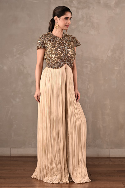 Off-White Embroidered Drape Gown Set