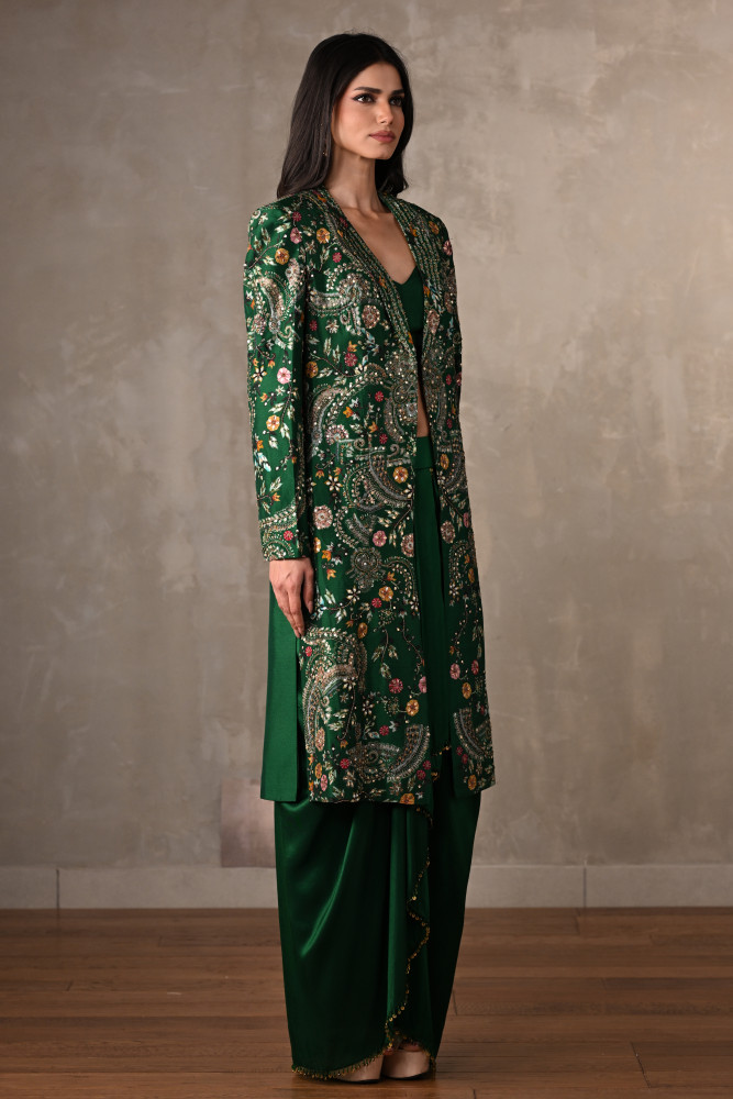Green Silk Draped Skirt Set With Embroidered Long Jacket
