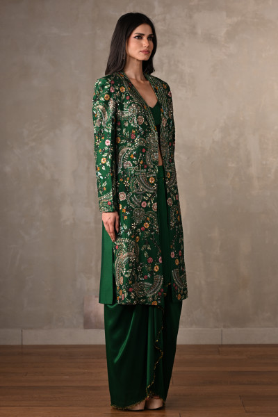 Green Silk Draped Skirt Set With Embroidered Long Jacket