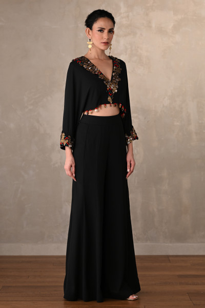 Black Georgette Embroidered Crop Top With Wide-Leg Trousers