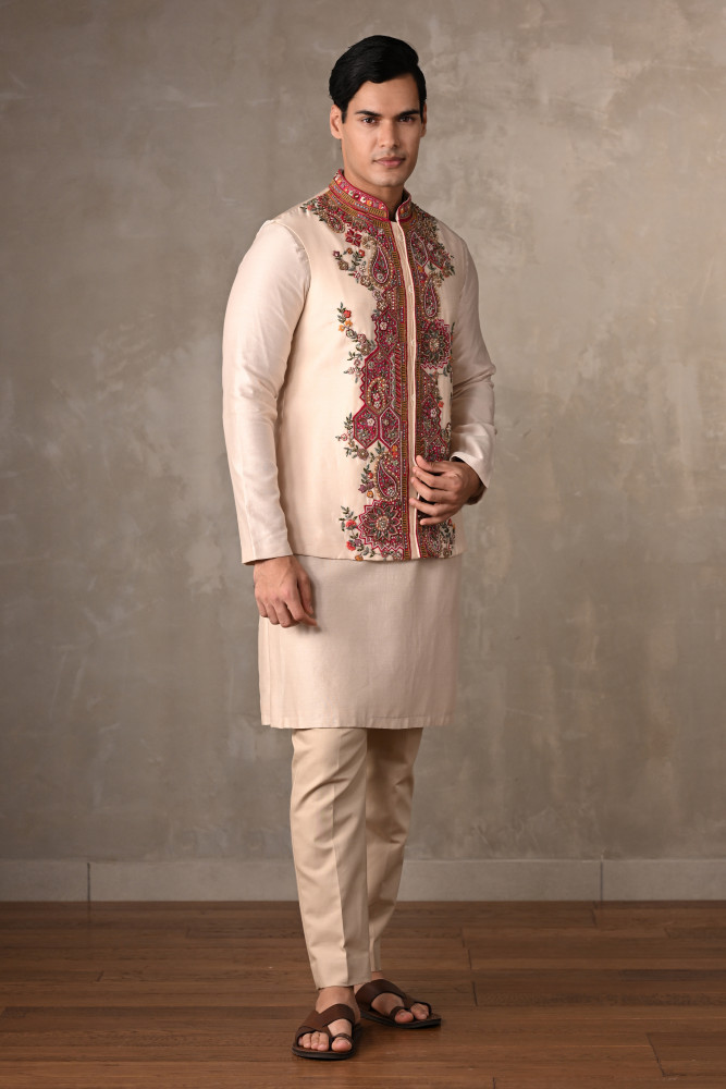 Ivory Chanderi Hand-Embroidered Bundi Jacket With Kurta Set