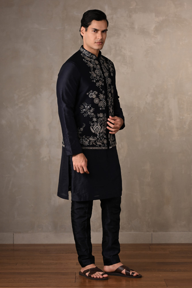 Navy Blue Embroidered Bundi Kurta Set