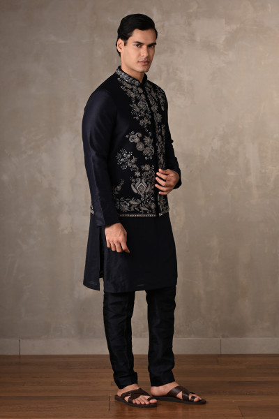 Navy Blue Embroidered Bundi Kurta Set