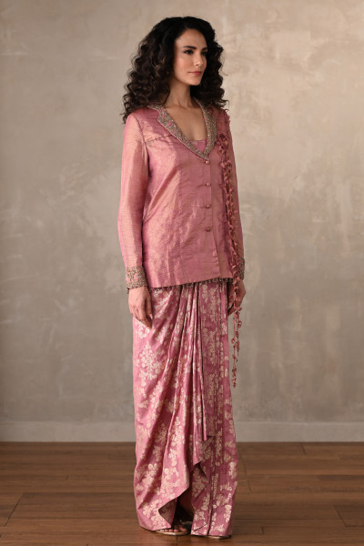 Tissue Jacket With Banarasi Draped Skirt Ensemble
