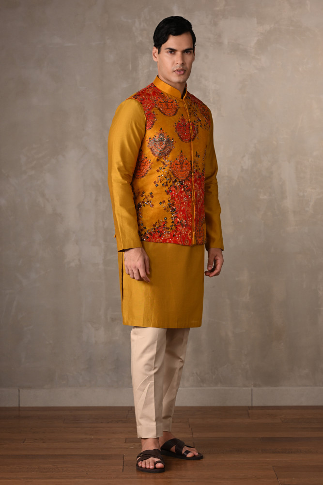 Yellow–Multicolour Chanderi Bundi Jacket with Kurta Set