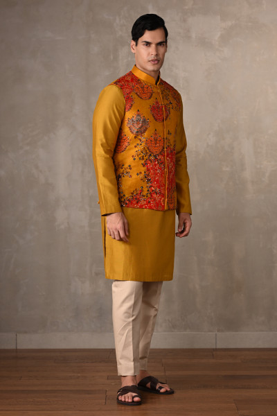 Yellow–Multicolour Chanderi Bundi Jacket with Kurta Set