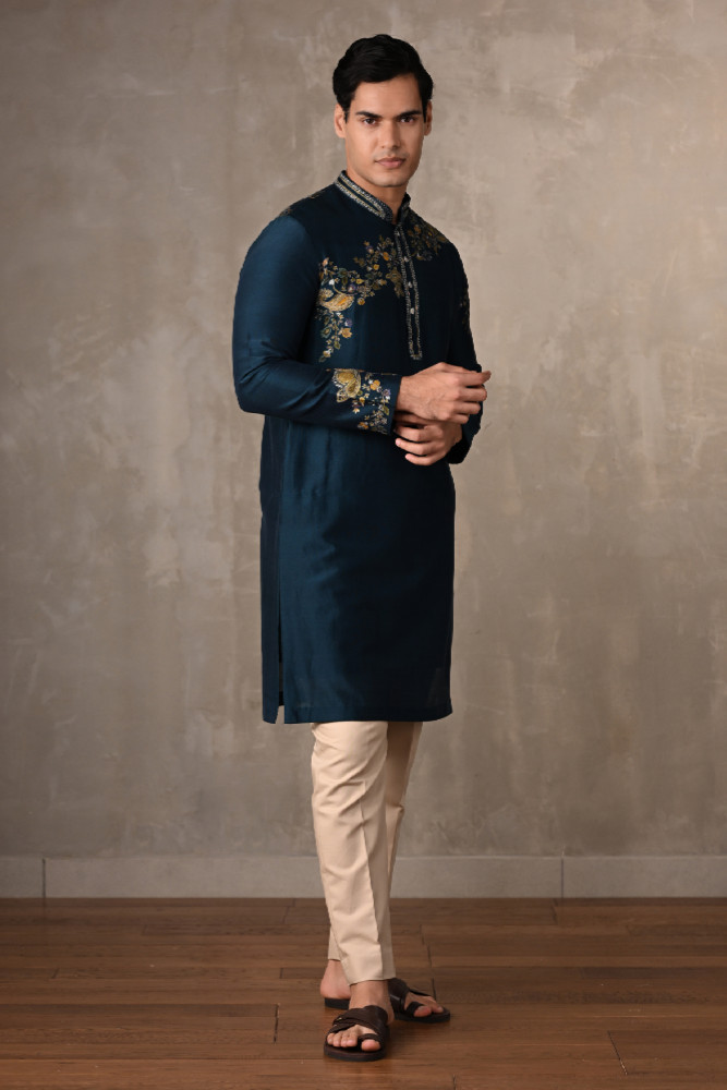 Blue Chanderi Embroidered Kurta