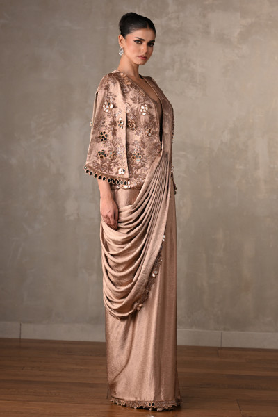 Dusty Beige Embellished Satin Drape Gown With Jacket