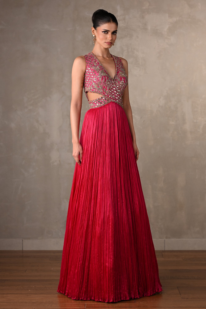 Moss Mirror Embroidered Pleated Gown