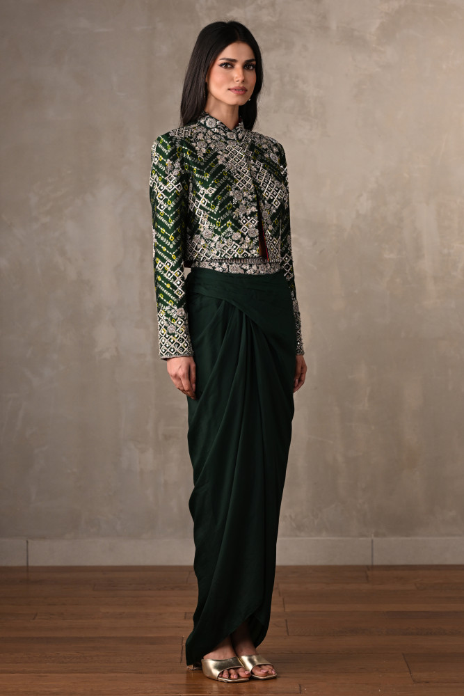 Emerald Embellished Jacket & Draped Skirt Set