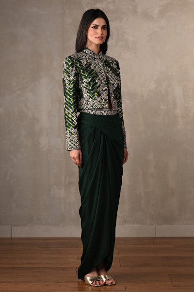 Emerald Embellished Jacket & Draped Skirt Set