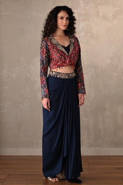 Navy Draped Silk Skirt With Multicolor Embroidered Jacket