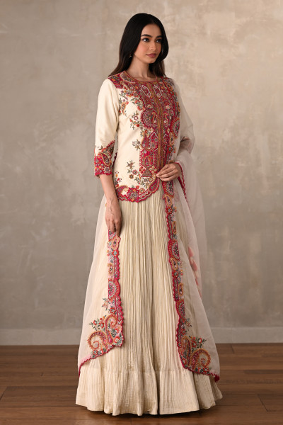 Off White-Rani Rouge Crushed Organza Lehenga Set